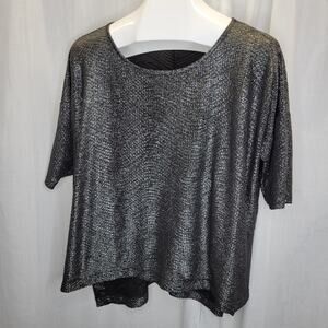 BCBG Generation Metallic Silver Boxy Textured Short Sleeve Top, M